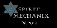 Gray star with blue transmutation signs on a black background. The words Spirit Mechanix Est 2013 are in white to the right.